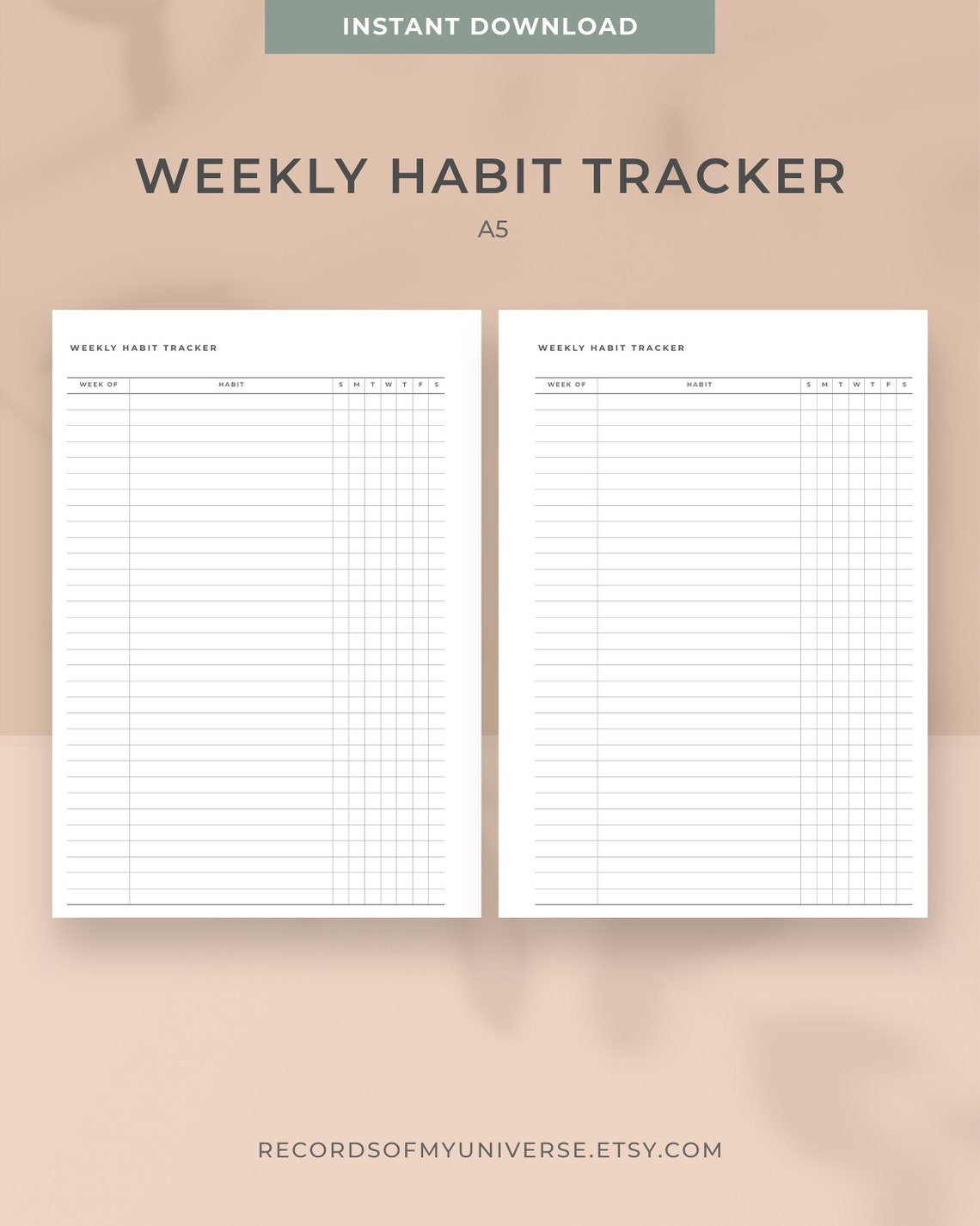 A5 Weekly Habit Tracker Template Printable Mon &amp; Sun Start A5 Size ...