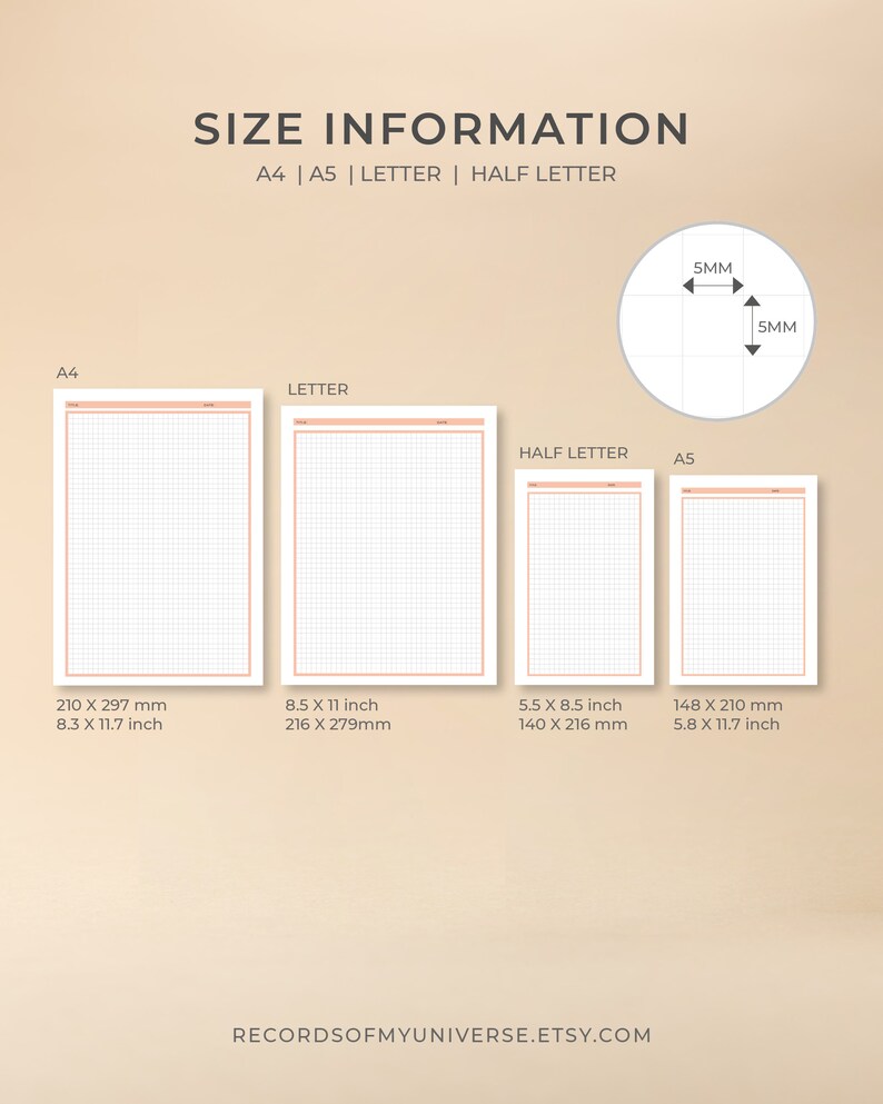 5 Colors of Printable Square Grid Paper Available in 4 Sizes | A4, A5 ...