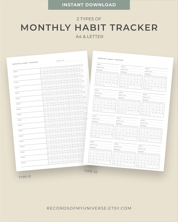 Printable & Editable Monthly Habit tracker | 2Types | A4, Letter size | Monthly habit tracker| habit tracking |Monthly challenge