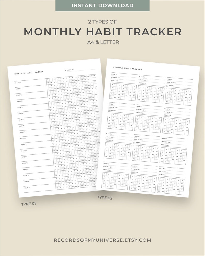May include: Two types of printable monthly habit trackers on white paper. The top text reads "INSTANT DOWNLOAD" and "2 TYPES OF MONTHLY HABIT TRACKER A4 & LETTER". The trackers are labeled "TYPE 01" and "TYPE 02". The Etsy shop name is at the bottom.