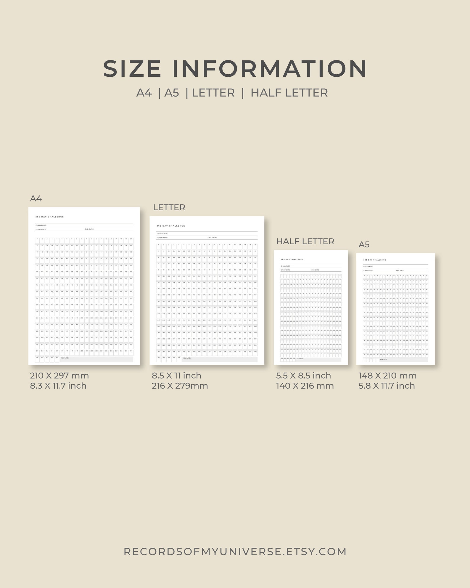 Printable 365 Day Challenge Goal Tracker | A4, A5, Letter, Half Letter ...