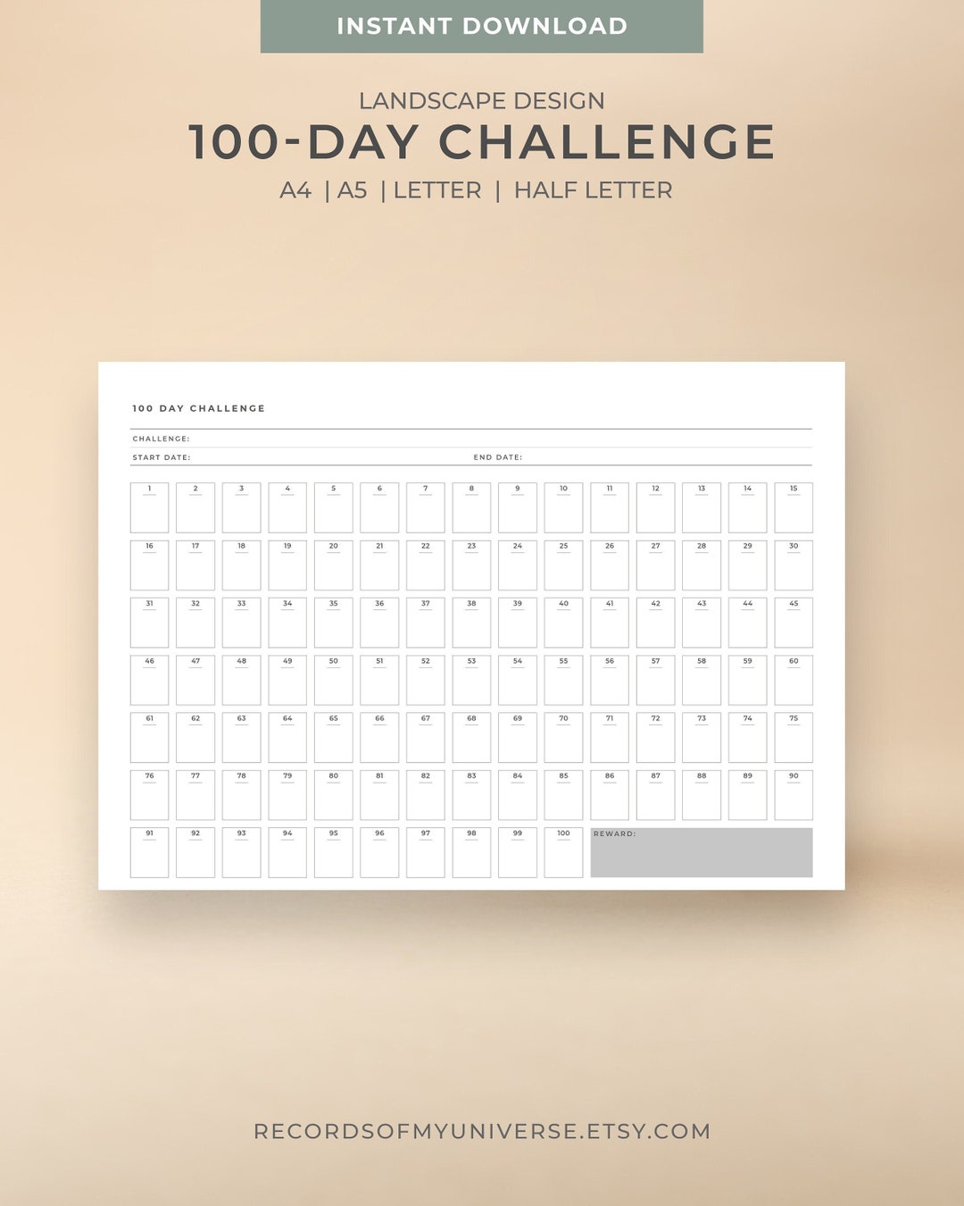 Printable & Editable 100 Day Challenge Landscape Design | A4, A5 ...