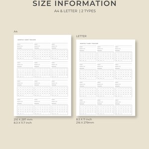May include: A digital print showing two habit tracker layouts, A4 and Letter sizes. The A4 size is 8.3 x 11.7 inches, and the Letter size is 8.5 x 11 inches. The text "SIZE INFORMATION" and "A4 & LETTER | 2 TYPES" are at the top.