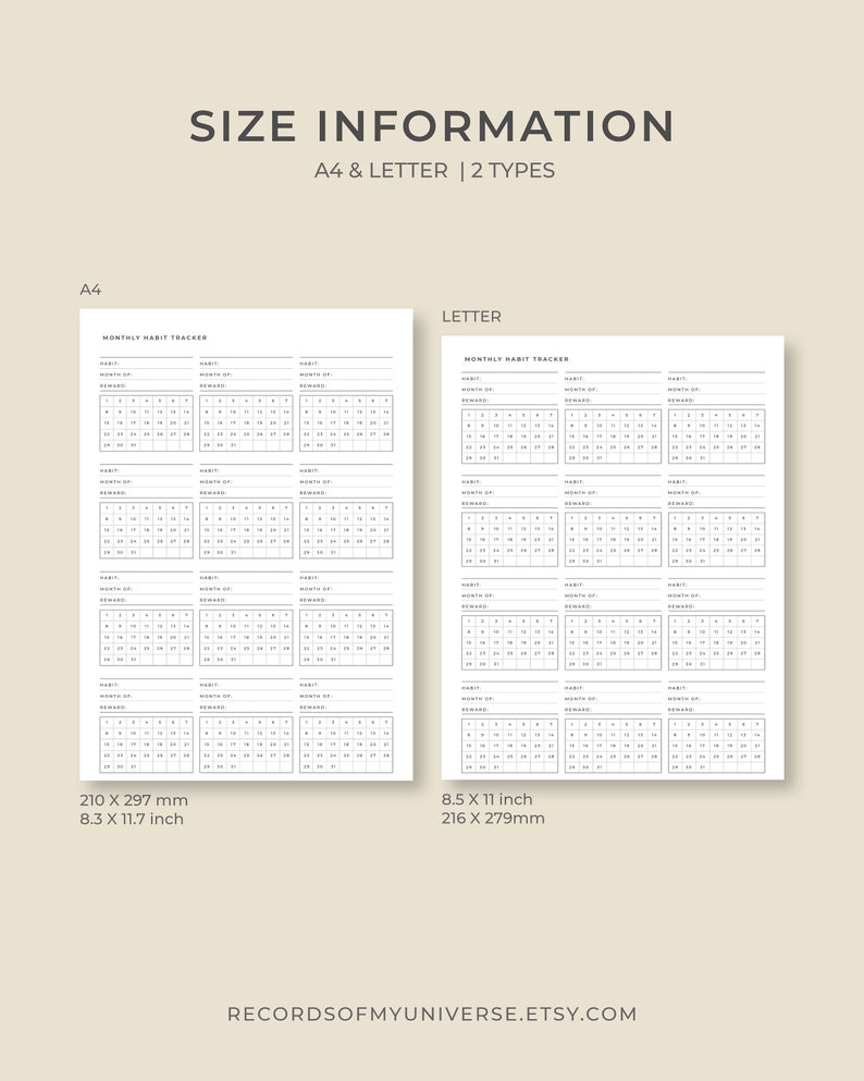 May include: A digital print showing two habit tracker layouts, A4 and Letter sizes. The A4 size is 8.3 x 11.7 inches, and the Letter size is 8.5 x 11 inches. The text "SIZE INFORMATION" and "A4 & LETTER | 2 TYPES" are at the top.