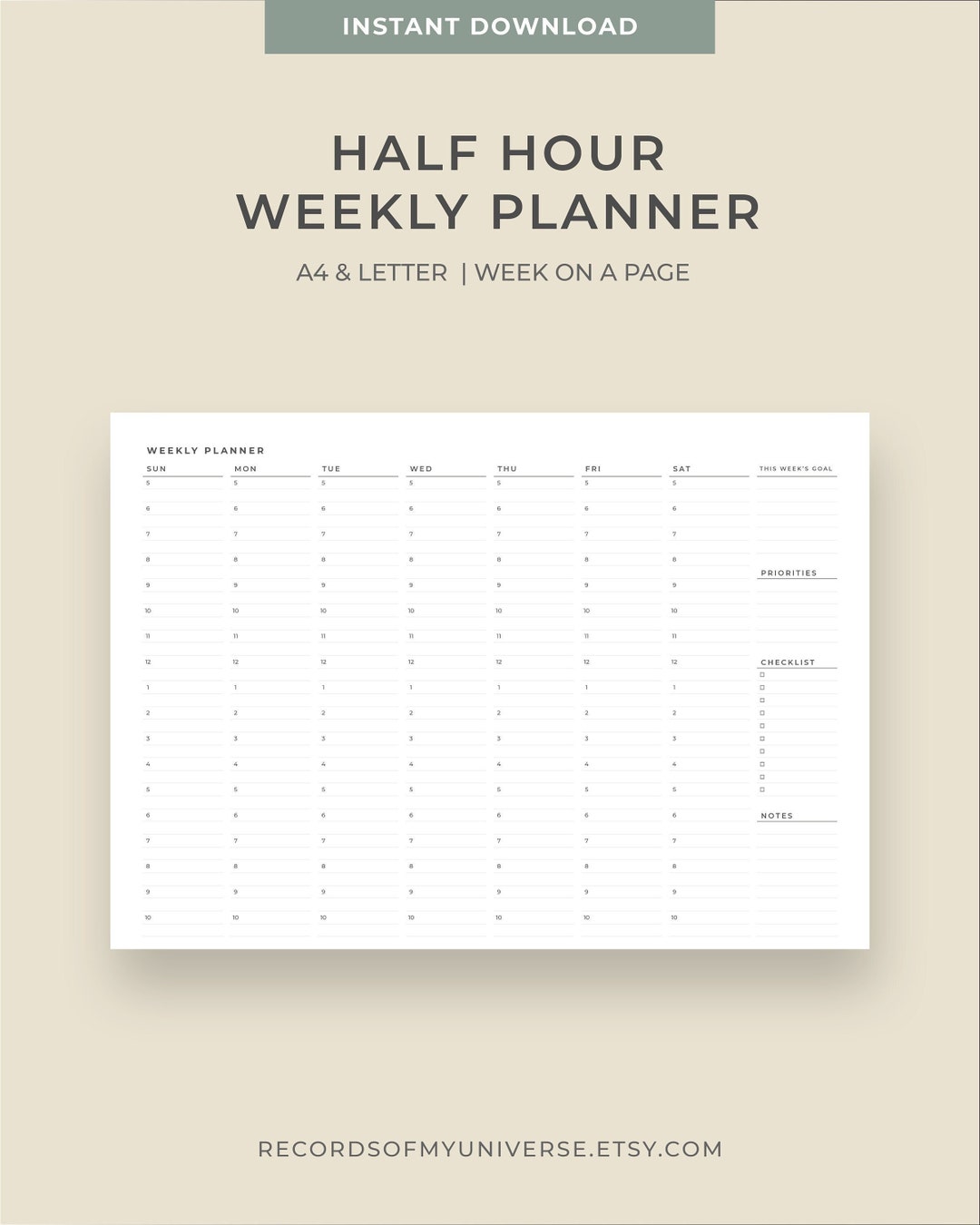 Editable & Printable _ A4 , Letter Size Half Hour Weekly Schedule ...