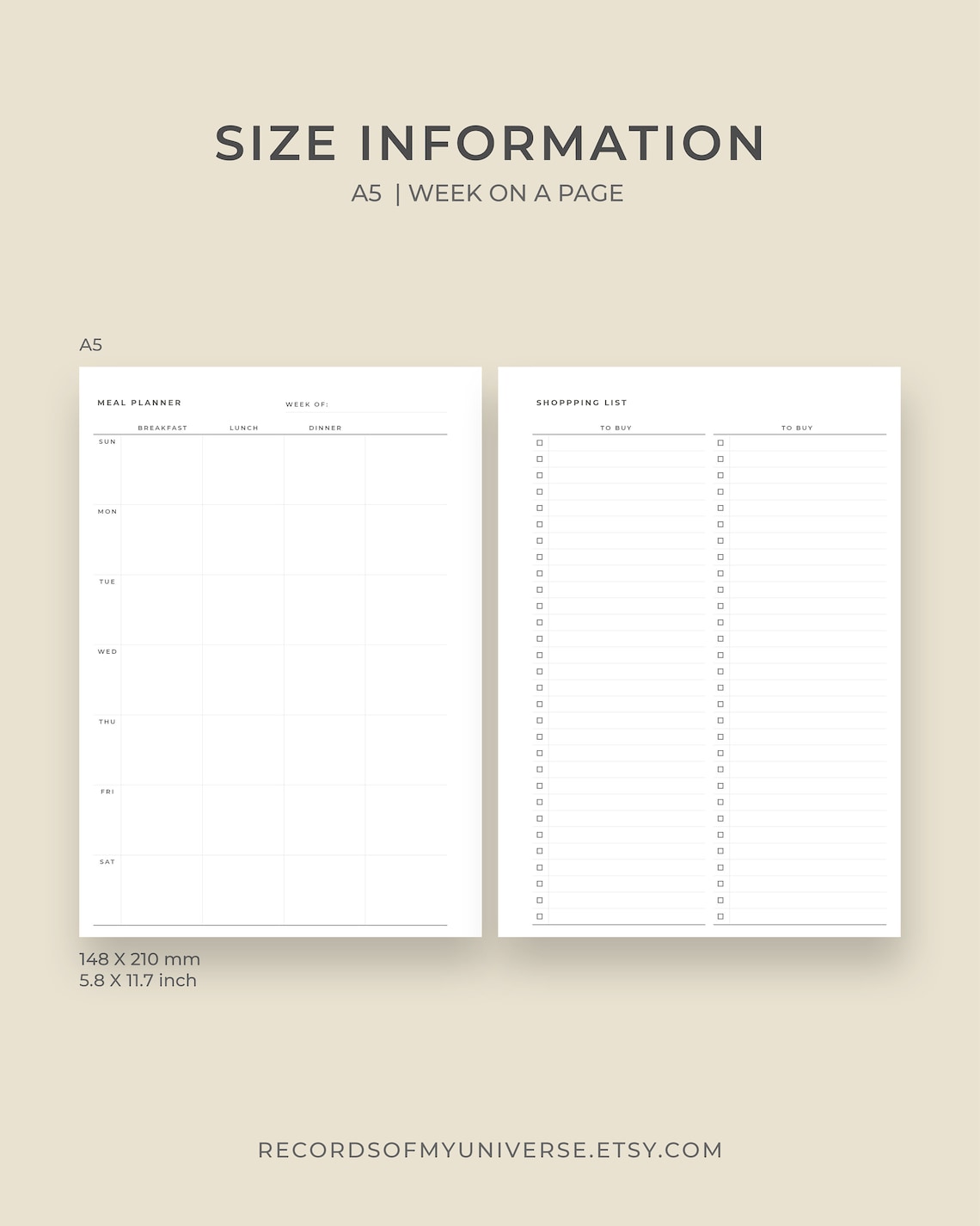 A5 Weekly Meal Planner With Shopping List Printable |week on Page | 7 ...