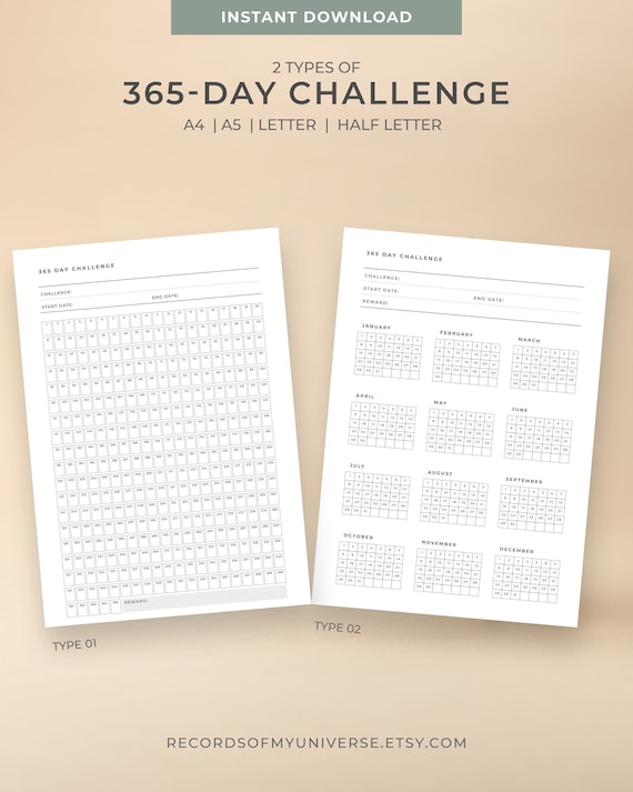 Printable 365 Day Challenge Goal Tracker A4 A5 Letter - Etsy