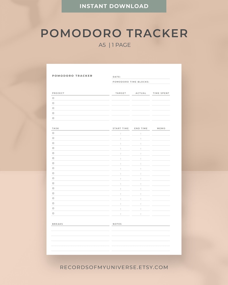 A5 Size Printable Pomodoro Tracker | Minimal Pomodoro Planner Printable ...