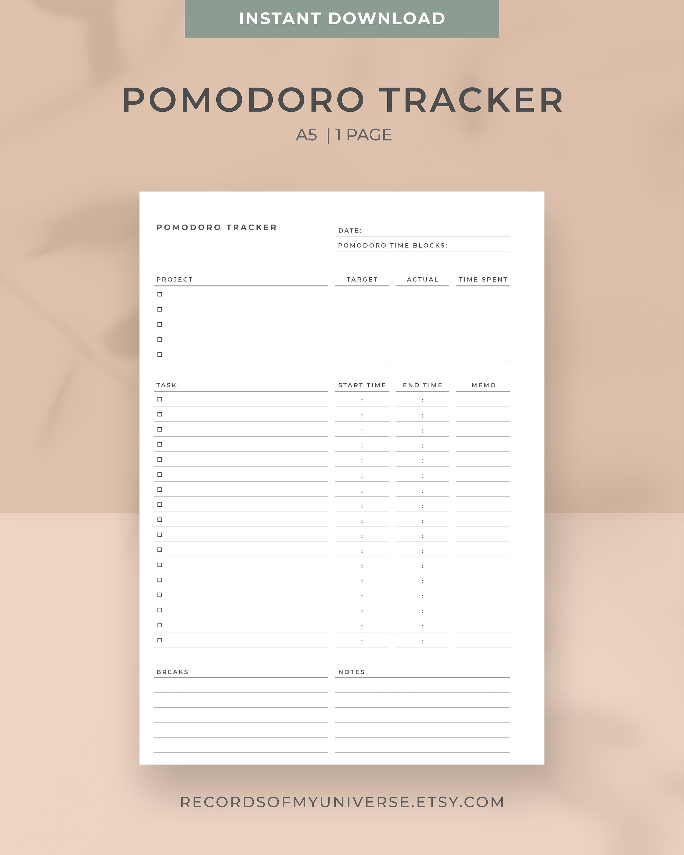 A5 Size Printable Pomodoro Tracker | Minimal Pomodoro Planner Printable ...
