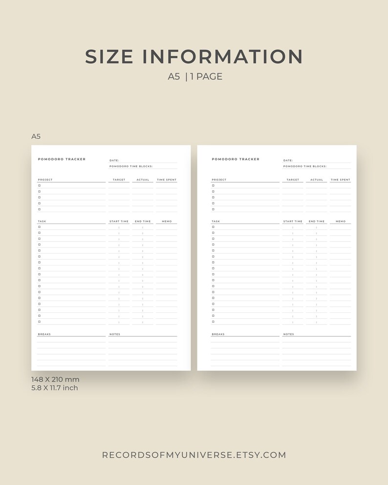 A5 Size Printable Pomodoro Tracker | Minimal Pomodoro Planner Printable ...