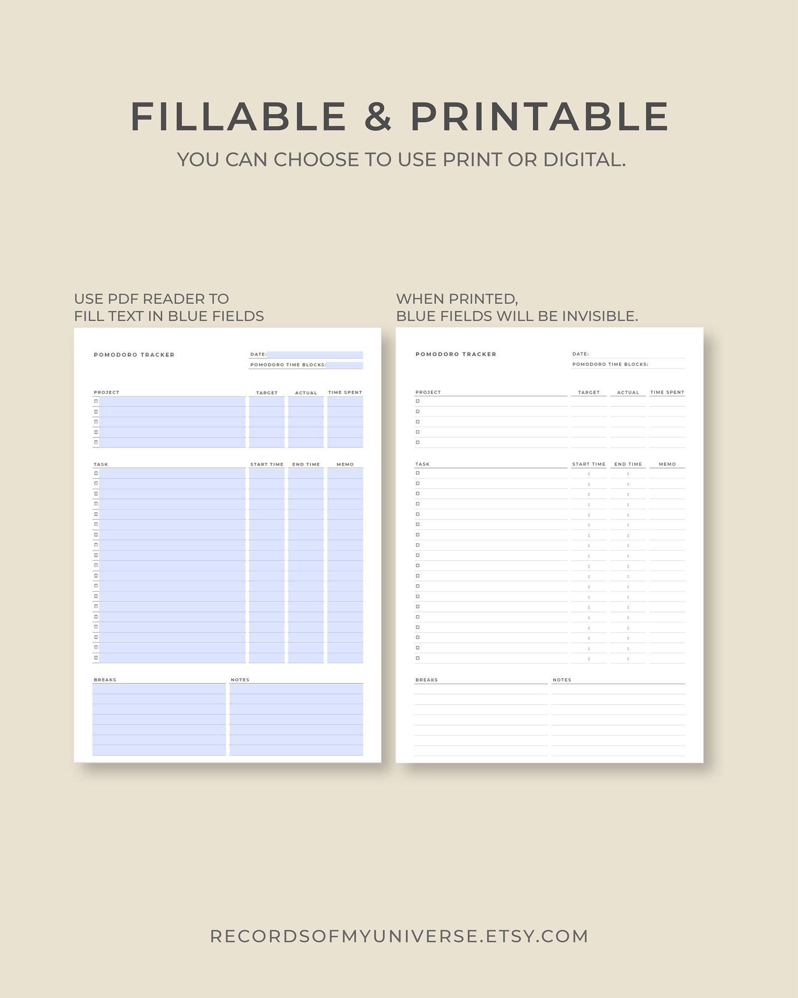Editable &amp; Printable Pomodoro Tracker | A4, Letter Size | Instant ...