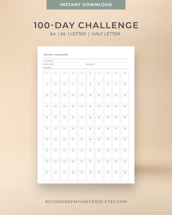 Printable & Editable 100 Day Challenge Goal Tracker A4 A5 Etsy