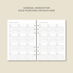 May include: A two-page spread of a monthly habit tracker with a minimalist design. The pages are white with black text and grid layouts for tracking habits. The text "GENERAL MARGIN FOR HOLE PUNCHING ON EACH SIDE" is at the top. The Etsy shop URL is at the bottom.
