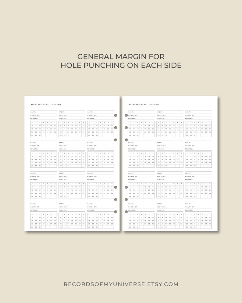 May include: A two-page spread of a monthly habit tracker with a minimalist design. The pages are white with black text and grid layouts for tracking habits. The text "GENERAL MARGIN FOR HOLE PUNCHING ON EACH SIDE" is at the top. The Etsy shop URL is at the bottom.