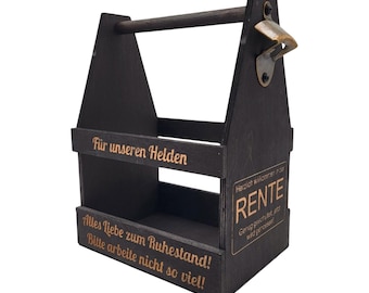 Geschenk zur Rente, Abschiedsgeschenk zum Ruhestand, Pensionierung, Geschenke zur Pension, Bierträger Holz, Männerhandtasche, Flaschenträger