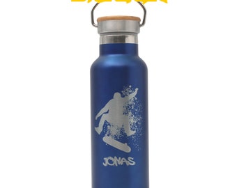 Trinkflasche mit tollen Motiven BLAU mit tollen Motiven und deinem Namen personalisiert aus Edelstahl mit Bambusdeckel 500ml