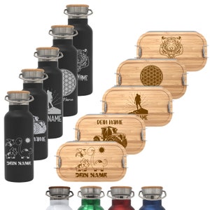 Lunchbox und Trinkflasche mit Namen personalisiert, Brotdose wahlweise aus Edelstahl oder Metall mit Isolierflasche aus Edelstahl in schwarz