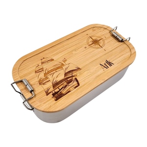 Bateau, boîte à lunch personnalisée, boîte à lunch avec nom, navire, cadeau de capitaine, voilier, boussole, planche de bois avec nom, cadeau de papa, acier inoxydable