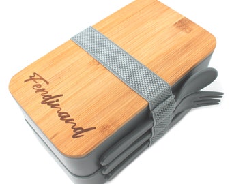 Lunchbox mit Namen personalisiert, Lunchbox mit Bambusdeckel 2x500ml, Brotdose mit Fächern und Besteckset, Brotdose personalisiert