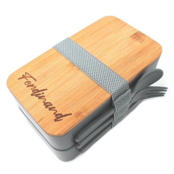 Lunchbox mit Namen personalisiert, Lunchbox mit Bambusdeckel 2x500ml, Brotdose mit Fächern und Besteckset, Brotdose personalisiert