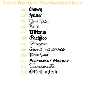 Auswahl Schriftarten - 12 Schriftarten, von geradlinig über schwungvollen Schriftarten.