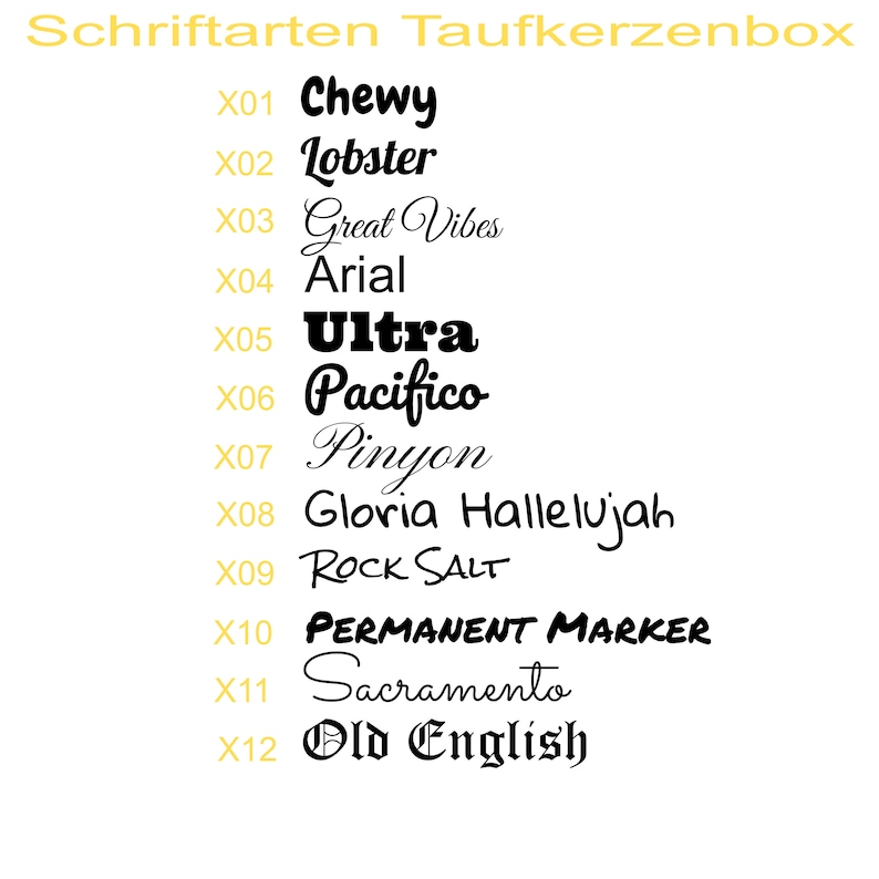 Auswahl Schriftarten - 12 Schriftarten, von geradlinig über schwungvollen Schriftarten.