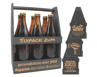 Bierträger personalisiert, Sixpack Flaschenträger aus Holz SCHWARZ mit Gravur und Motiv, Männerhandtasche, Biergeschenk für 6 Flaschen 0,5l