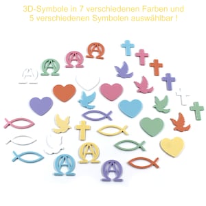 Übersicht der 5 verschiedenen Symbolen: Fisch, Herz, Kreuz, Taube, Alpha Omega. In 7 Farben erhältlich: Blau, Rosa, Orange, Lila, Weiss, Grün, Gelb