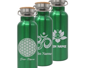 Trinkflasche mit tollen Motiven GRÜN mit tollen Motiven und deinem Namen personalisiert aus Edelstahl mit Bambusdeckel 500ml