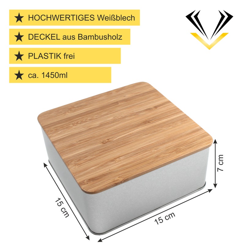 Datenblatt einer Keksdose mit den Abmessungen 15 cm x 15 cm x 7 cm. Material aus hochwertigem Weißblech und einem Deckel aus Bambusholz. Die Dose ist plastikfrei und hat ein Fassungsvermögen von ca. 1450 ml.