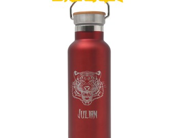 Trinkflasche mit tollen Motiven ROT mit tollen Motiven und deinem Namen personalisiert aus Edelstahl mit Bambusdeckel 500ml