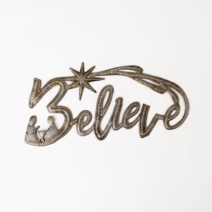 Believe Recycled Metal Art, handmade in Haiti, steel drum art, Nativity