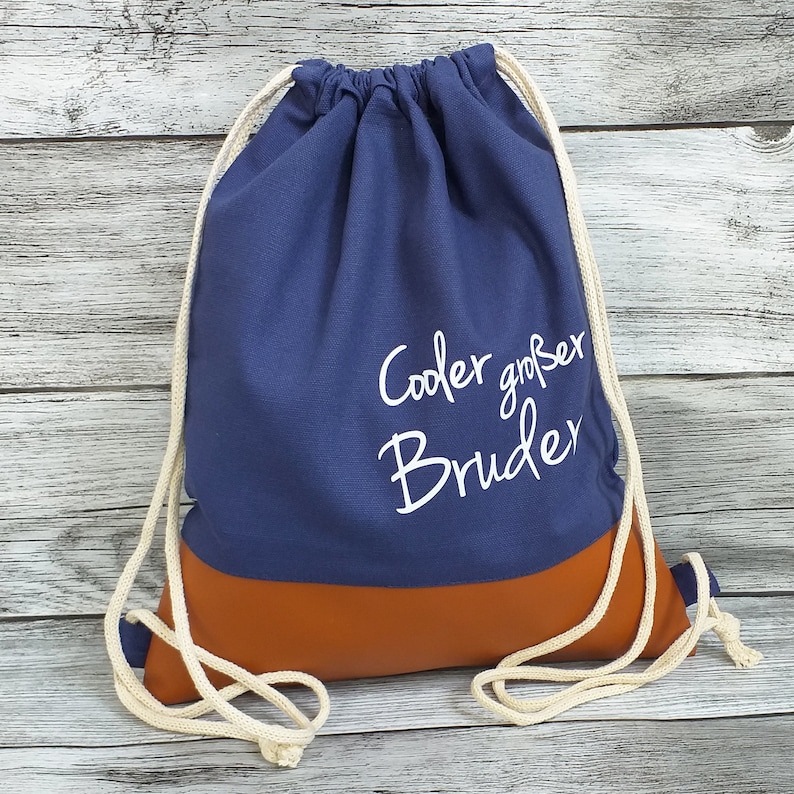 Coole großer Bruder Kinder Turnbeutel mit Borte Navy / Braun