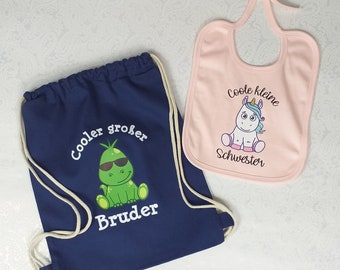 Baby Geschenk-Set "Großer Bruder & Kleine Schwester" - Lätzchen + Beutel