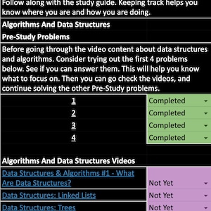 May include: A study guide for software engineering interviews. The guide includes a list of pre-study problems and a list of data structures and algorithms videos. The pre-study problems are numbered 1 through 4 and indicate whether they are completed. The data structures and algorithms videos are listed with titles and indicate whether they are completed or not yet completed.
