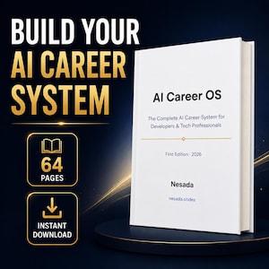 Peut inclure: Un livre blanc intitulé AI Career OS: The Complete AI Career System for Developers & Tech Professionals, First Edition 2026 par Nesada. La couverture affiche le texte nesada.codes, 64 pages et des icônes de téléchargement sur fond sombre.