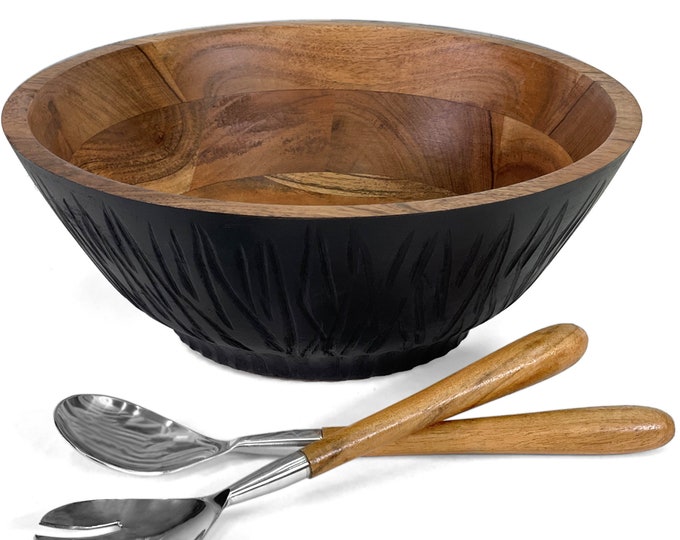 Large Wood Salad Bowl Set With Serving Utensils Salad Serving Bowl Set