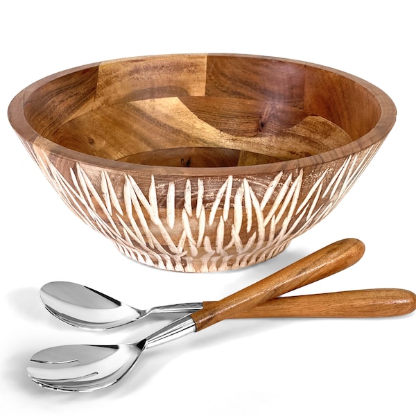 Large Wood Salad Bowl Set with Serving Utensils - Salad Serving Bowl Set- Decorative Centerpiece Bowl-Wedding gift set-Carved wood-Whitewash