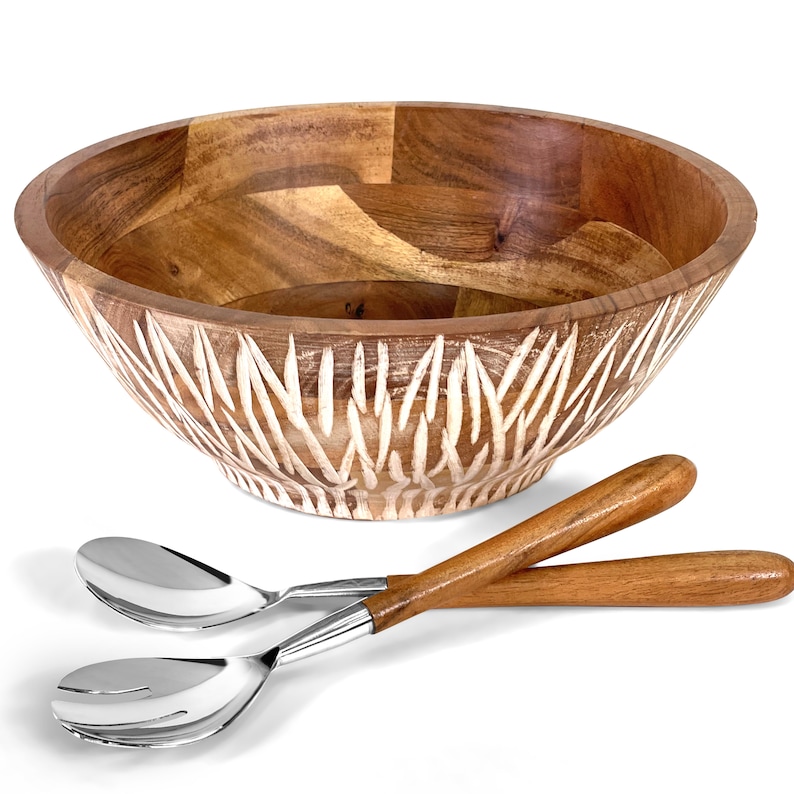 Large Wood Salad Bowl Set With Serving Utensils Salad Serving Bowl Set