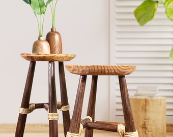 Handmade Wooden Stool: Solid Accent Stool with Rope Bindings