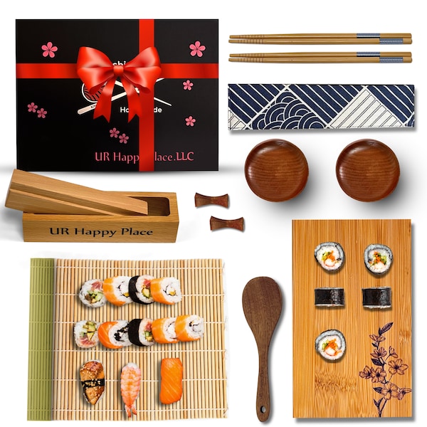 SUSHI MAKING KIT - Japanese Sushi Set - Cooking Lover Gifts - Sushi Plate Wooden Paddle And Other Accessories - Diy Beginners Kit