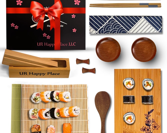 Handmade Sushi Making Kit: Oak Maki Mold, Bamboo Mat, Chopsticks