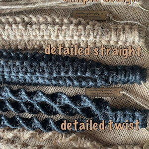 May include: Three macrame keychains made with natural jute twine. The first keychain is a simple design with straight strands. The second keychain is a detailed design with straight strands. The third keychain is a detailed design with twisted strands. Each keychain has a brass ring.