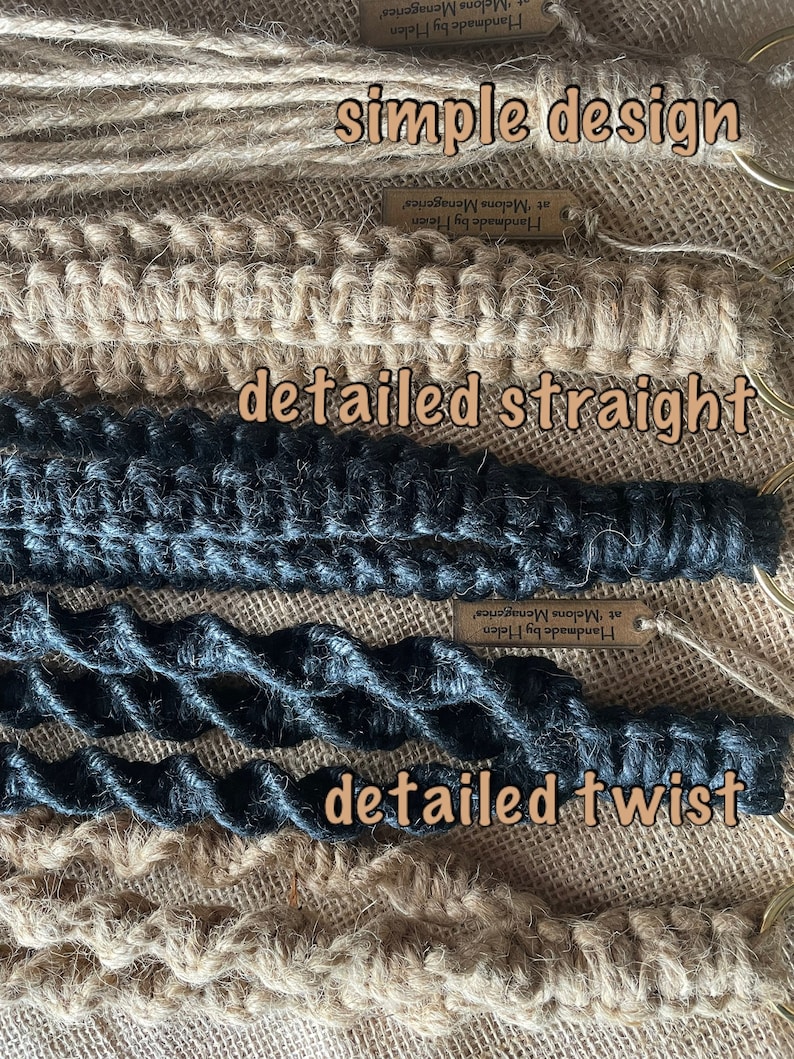 May include: Three macrame keychains made with natural jute twine. The first keychain is a simple design with straight strands. The second keychain is a detailed design with straight strands. The third keychain is a detailed design with twisted strands. Each keychain has a brass ring.
