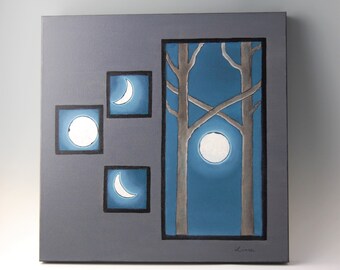 Original Contemporary Painting-Gray-Blue-Trees and Moon Phases-Abstract-Square-Oil on Canvas