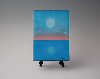 Fresh Air II is an Original Imagined Moon Painting-Turquoise Blue and Peach Sky and a New Moon Reflected in Still Water