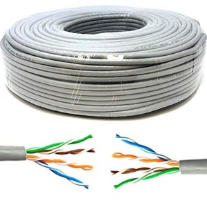 Może przedstawiać: Szpula szarego kabla Ethernet z zbliżeniem na skręcone pary przewodów wewnątrz. Kabel jest owinięty w przezroczystą plastikową osłonę.