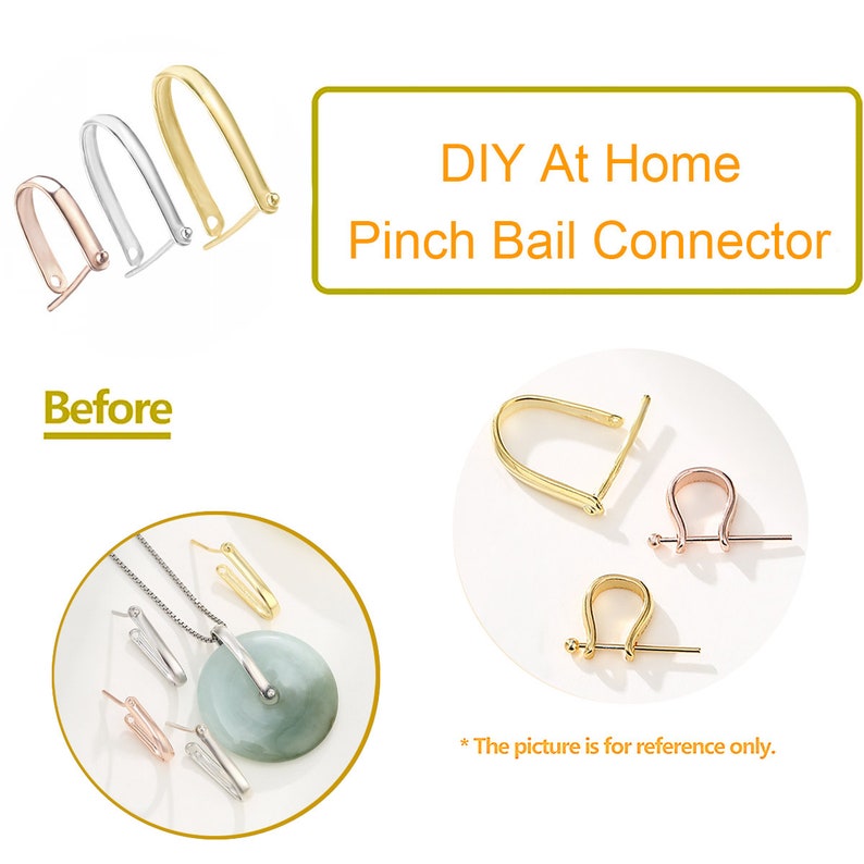 May include: Three gold pinch bail connectors, one silver pinch bail connector, and one rose gold pinch bail connector. The connectors are used for attaching jewelry findings to a pendant or charm.