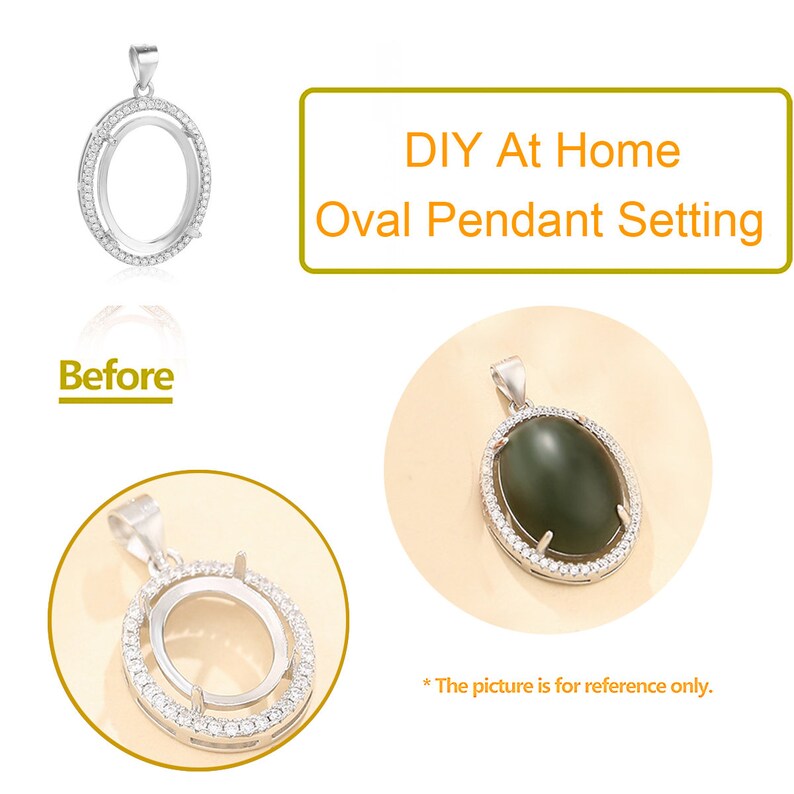 K&ouml;nnte beinhalten: Eine ovale Anh&auml;ngerfassung aus Silber mit einem klaren Kristallhalo. Die Fassung ist leer und bereit f&uuml;r einen Stein. Das Bild zeigt die Fassung vor und nach dem Einsetzen eines Steins. DIY At Home Oval Pendant Setting. * The picture is for reference only.