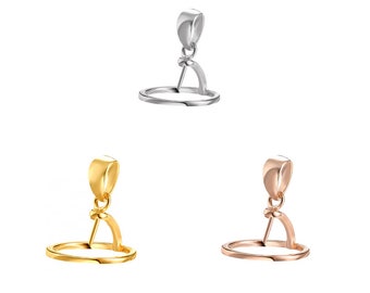 May include: Three pendant bails in different metal finishes: silver, gold, and rose gold. Each bail features a circular loop and a small, vertical bar.